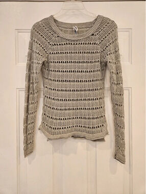 Aeropostale Open Knit Crochet Sweater Beige Pointelle Mesh Pullover Size M boho